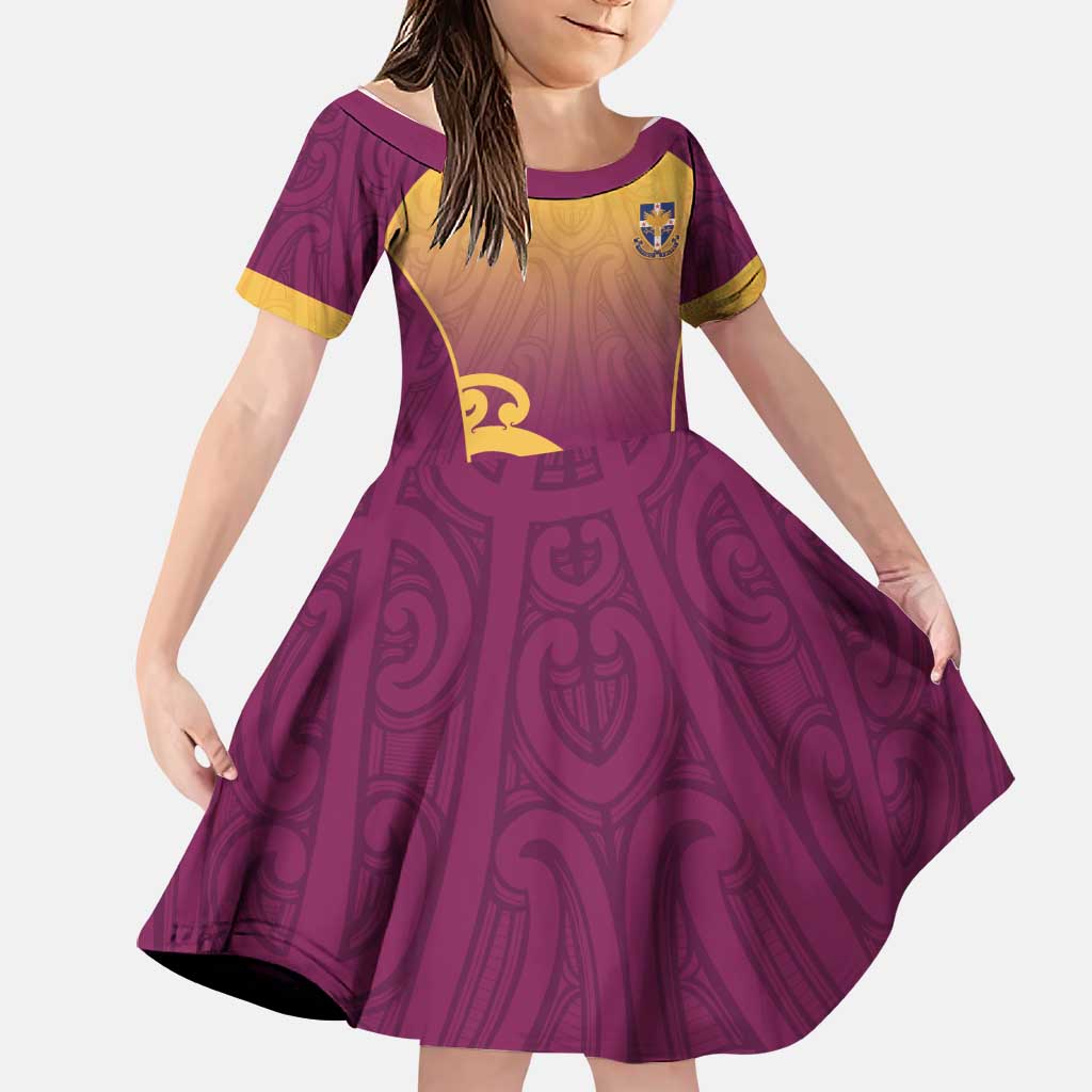 Custom Waiuku College Family Matching Off Shoulder Short Dress and Hawaiian Shirt Maori Koru Pattern LT05 Daughter's Dress Maroon - Polynesian Pride