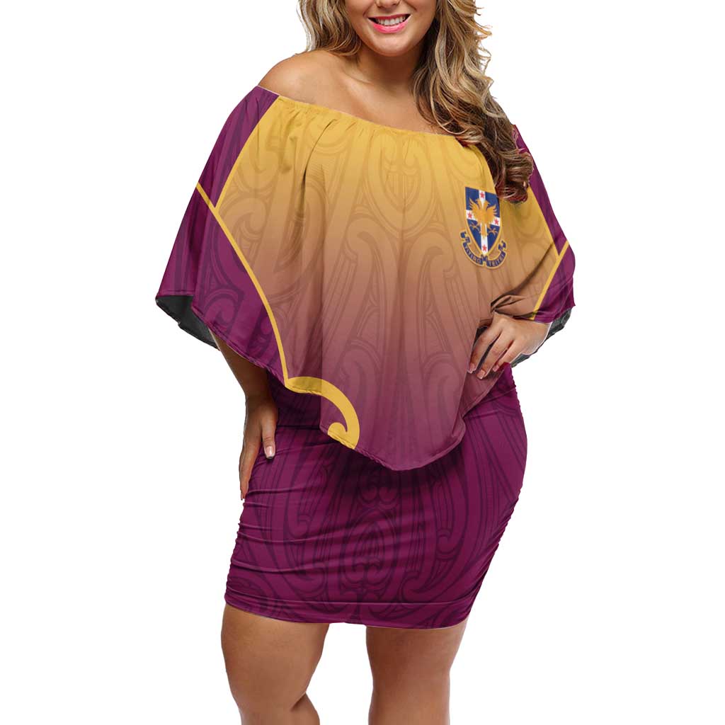 Custom Waiuku College Family Matching Off Shoulder Short Dress and Hawaiian Shirt Maori Koru Pattern LT05 Mom's Dress Maroon - Polynesian Pride