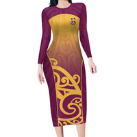 Custom Waiuku College Long Sleeve Bodycon Dress Maori Koru Pattern LT05 Long Dress Maroon - Polynesian Pride