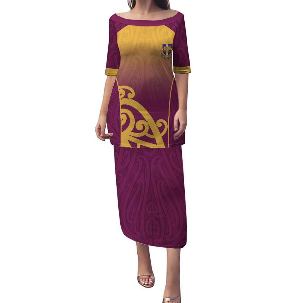 Custom Waiuku College Puletasi Maori Koru Pattern LT05 Long Dress Maroon - Polynesian Pride