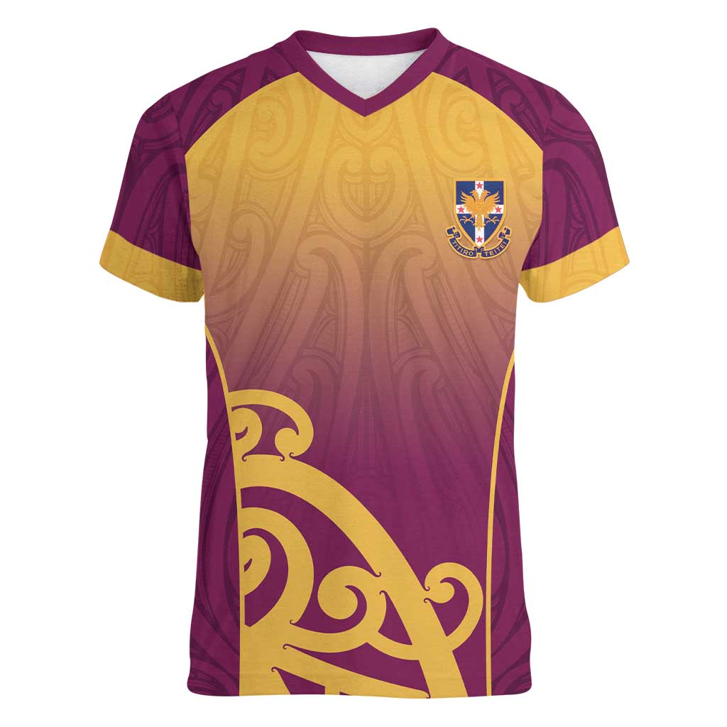 Custom Waiuku College Women V-Neck T-Shirt Maori Koru Pattern LT05 Female Maroon - Polynesian Pride