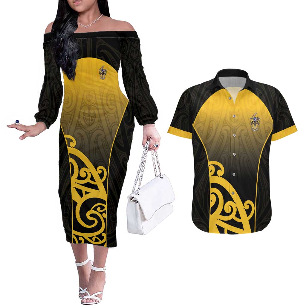 Custom Motueka High School Couples Matching Off The Shoulder Long Sleeve Dress and Hawaiian Shirt Maori Koru Pattern LT05 Black - Polynesian Pride