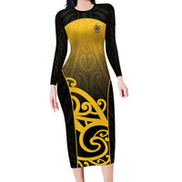 Custom Motueka High School Family Matching Long Sleeve Bodycon Dress and Hawaiian Shirt Maori Koru Pattern LT05 Mom's Dress Black - Polynesian Pride
