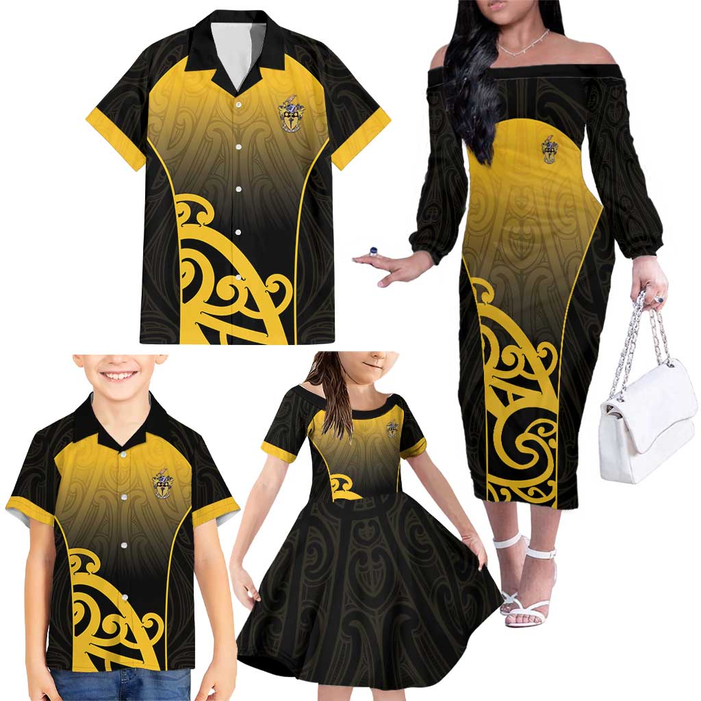 Custom Motueka High School Family Matching Off The Shoulder Long Sleeve Dress and Hawaiian Shirt Maori Koru Pattern