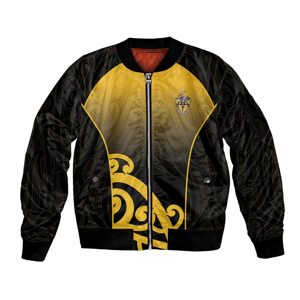 Custom Motueka High School Sleeve Zip Bomber Jacket Maori Koru Pattern LT05 Unisex Black - Polynesian Pride