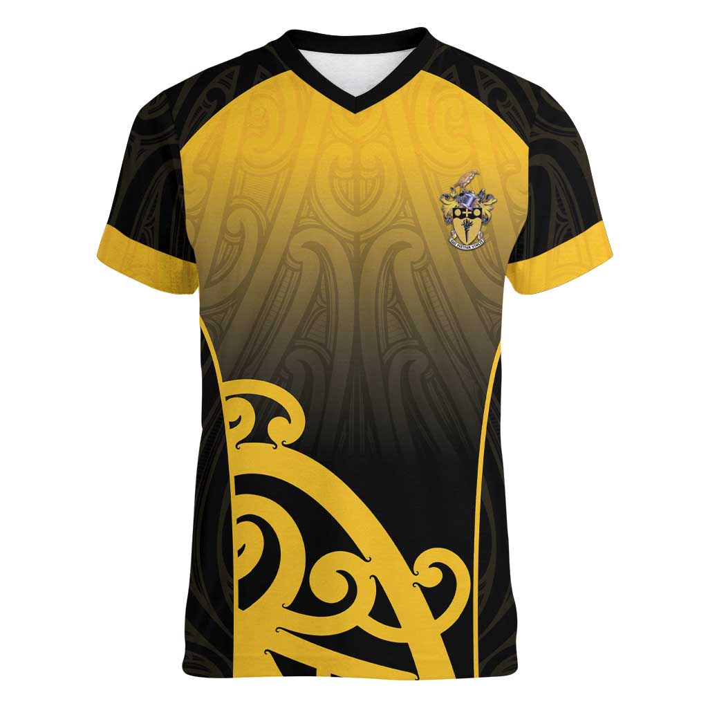 Custom Motueka High School Women V-Neck T-Shirt Maori Koru Pattern LT05 Female Black - Polynesian Pride