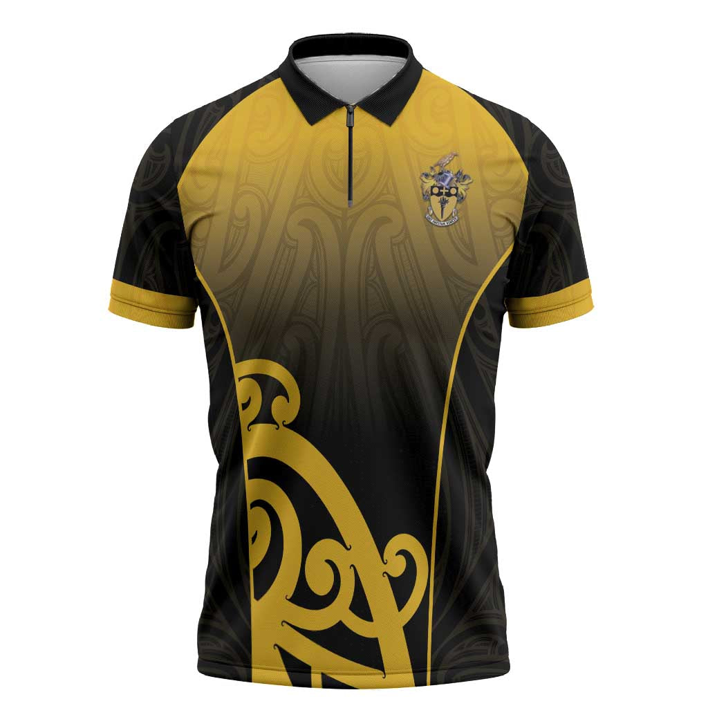 Custom Motueka High School Zipper Polo Shirt Maori Koru Pattern LT05 Black - Polynesian Pride