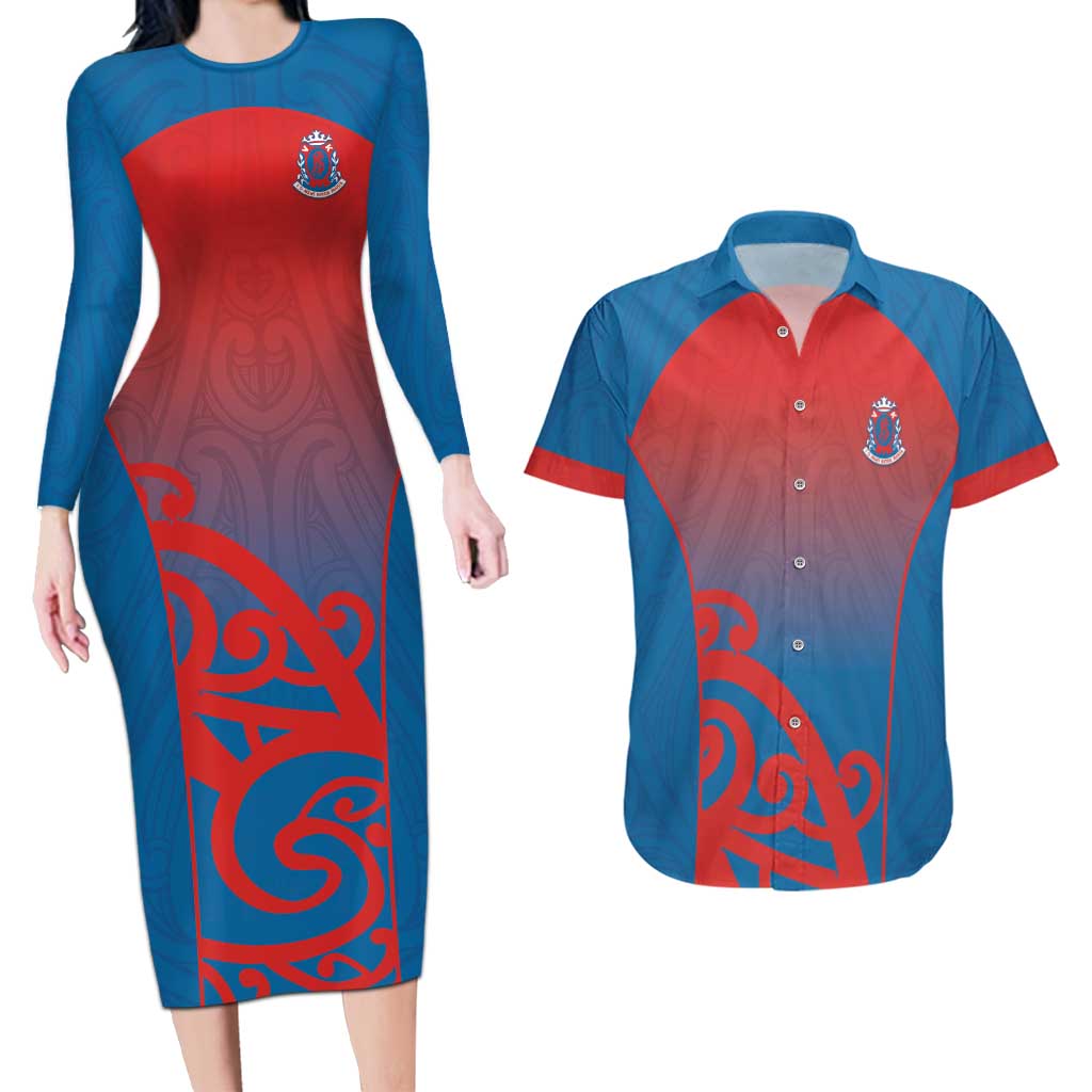 Custom St Joseph's Maori Girls' College Couples Matching Long Sleeve Bodycon Dress and Hawaiian Shirt Maori Koru Pattern LT05 Blue - Polynesian Pride