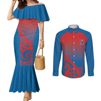 Custom St Joseph's Maori Girls' College Couples Matching Mermaid Dress and Long Sleeve Button Shirt Maori Koru Pattern LT05 Blue - Polynesian Pride