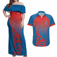 Custom St Joseph's Maori Girls' College Couples Matching Off Shoulder Maxi Dress and Hawaiian Shirt Maori Koru Pattern LT05 Blue - Polynesian Pride