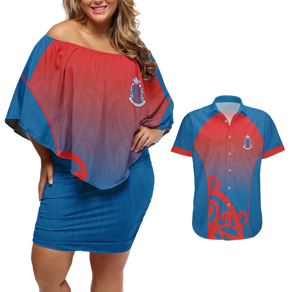 Custom St Joseph's Maori Girls' College Couples Matching Off Shoulder Short Dress and Hawaiian Shirt Maori Koru Pattern LT05 Blue - Polynesian Pride