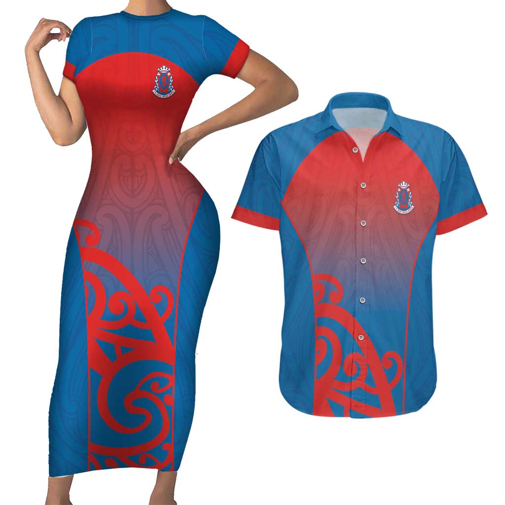 Custom St Joseph's Maori Girls' College Couples Matching Short Sleeve Bodycon Dress and Hawaiian Shirt Maori Koru Pattern LT05 Blue - Polynesian Pride