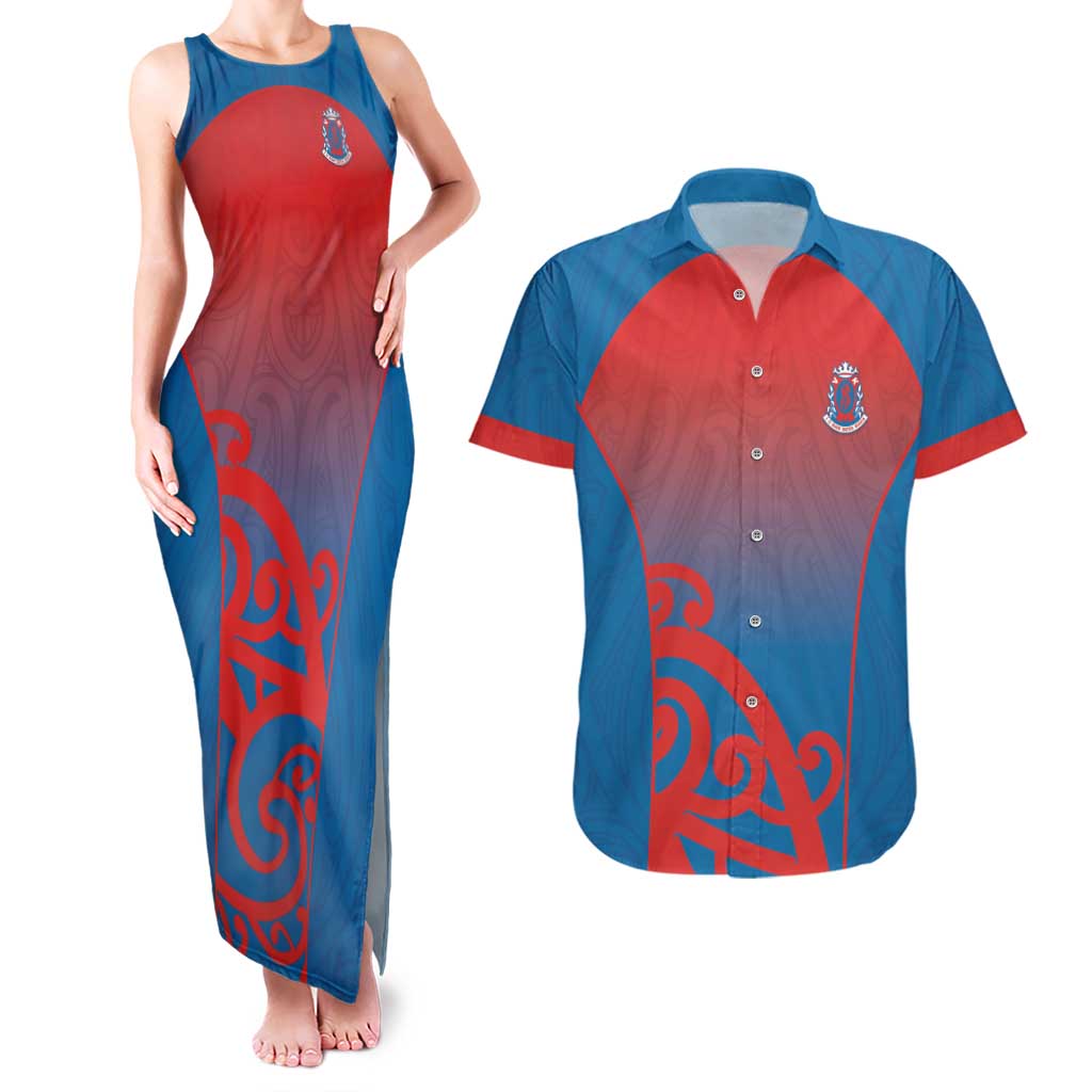 Custom St Joseph's Maori Girls' College Couples Matching Tank Maxi Dress and Hawaiian Shirt Maori Koru Pattern LT05 Blue - Polynesian Pride