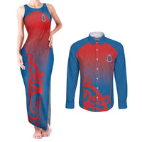 Custom St Joseph's Maori Girls' College Couples Matching Tank Maxi Dress and Long Sleeve Button Shirt Maori Koru Pattern LT05 Blue - Polynesian Pride
