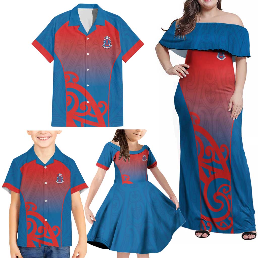 Custom St Joseph's Maori Girls' College Family Matching Off Shoulder Maxi Dress and Hawaiian Shirt Maori Koru Pattern