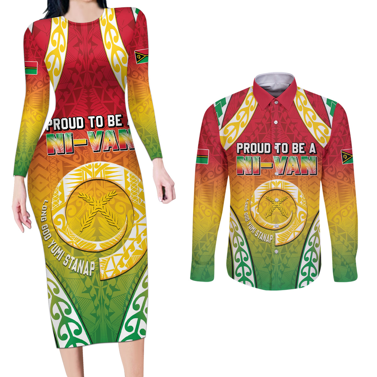 Personalised Vanuatu Couples Matching Long Sleeve Bodycon Dress and Long Sleeve Button Shirt Proud To Be A Ni-Van With Tribal Pattern LT05 Reggae - Polynesian Pride