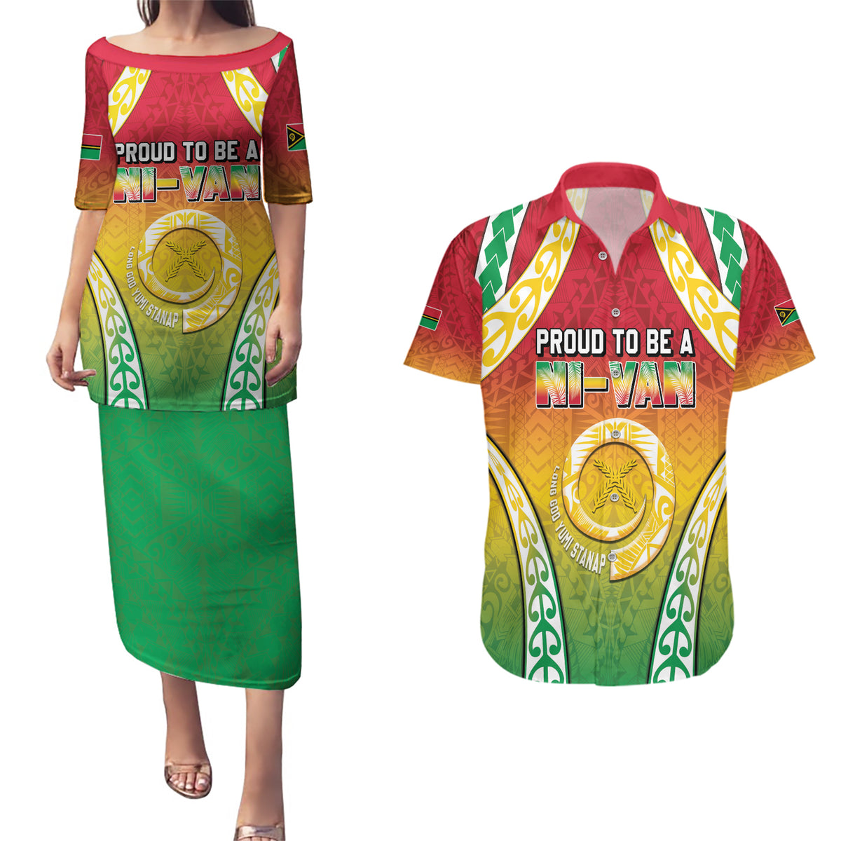 Personalised Vanuatu Couples Matching Puletasi and Hawaiian Shirt Proud To Be A Ni-Van With Tribal Pattern
