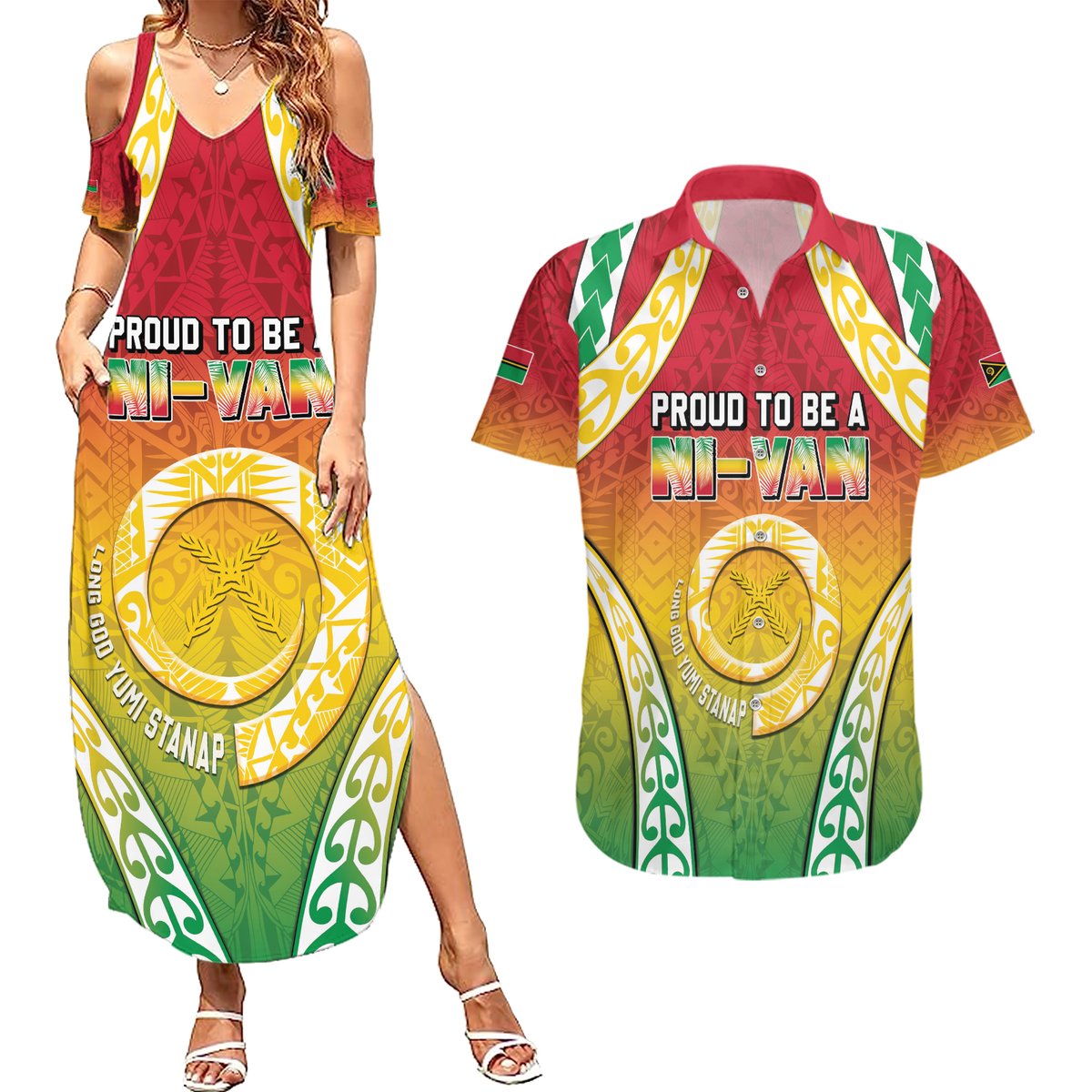 Personalised Vanuatu Couples Matching Summer Maxi Dress and Hawaiian Shirt Proud To Be A Ni-Van With Tribal Pattern LT05 Reggae - Polynesian Pride