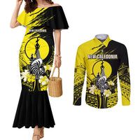 Personalised New Caledonia Day Couples Matching Mermaid Dress and Long Sleeve Button Shirt Kanaky Flag Coat Of Arms Polynesian Pattern LT05 Yellow - Polynesian Pride