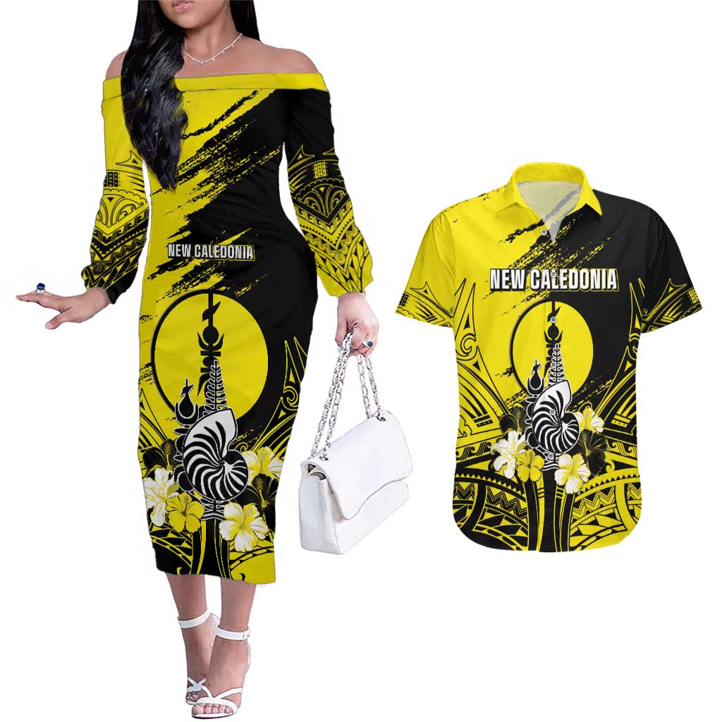 Personalised New Caledonia Day Couples Matching Off The Shoulder Long Sleeve Dress and Hawaiian Shirt Kanaky Flag Coat Of Arms Polynesian Pattern