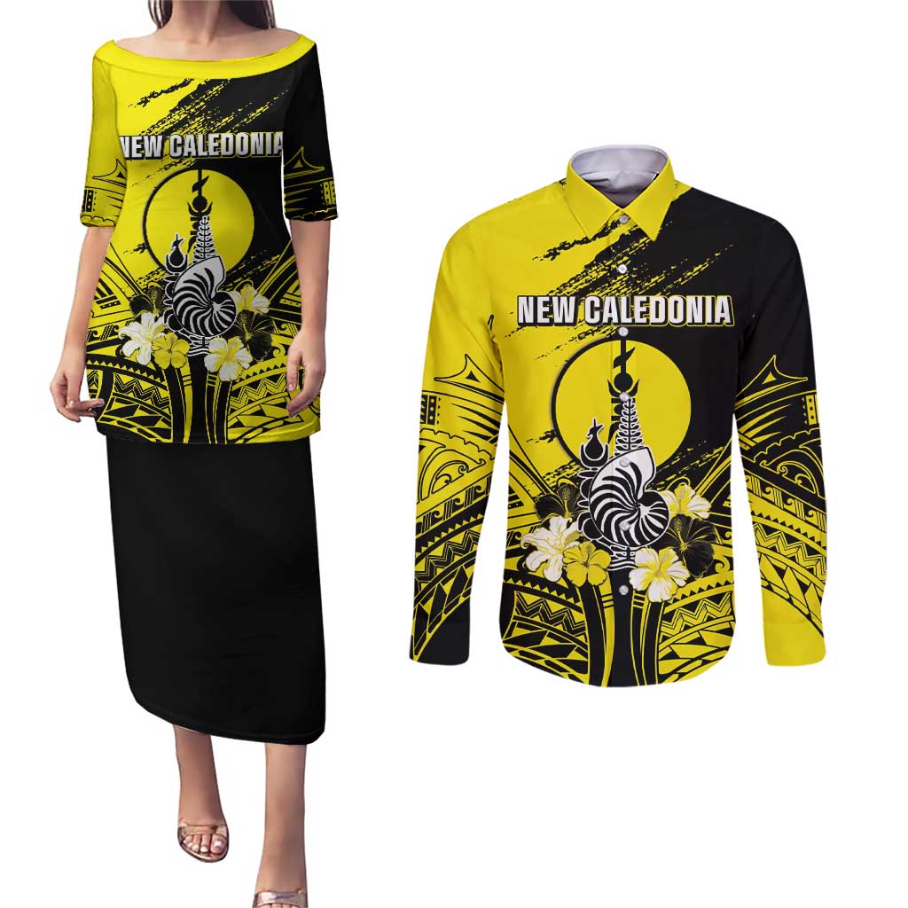 Personalised New Caledonia Day Couples Matching Puletasi and Long Sleeve Button Shirt Kanaky Flag Coat Of Arms Polynesian Pattern LT05 Yellow - Polynesian Pride