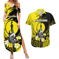 Personalised New Caledonia Day Couples Matching Summer Maxi Dress and Hawaiian Shirt Kanaky Flag Coat Of Arms Polynesian Pattern LT05 Yellow - Polynesian Pride