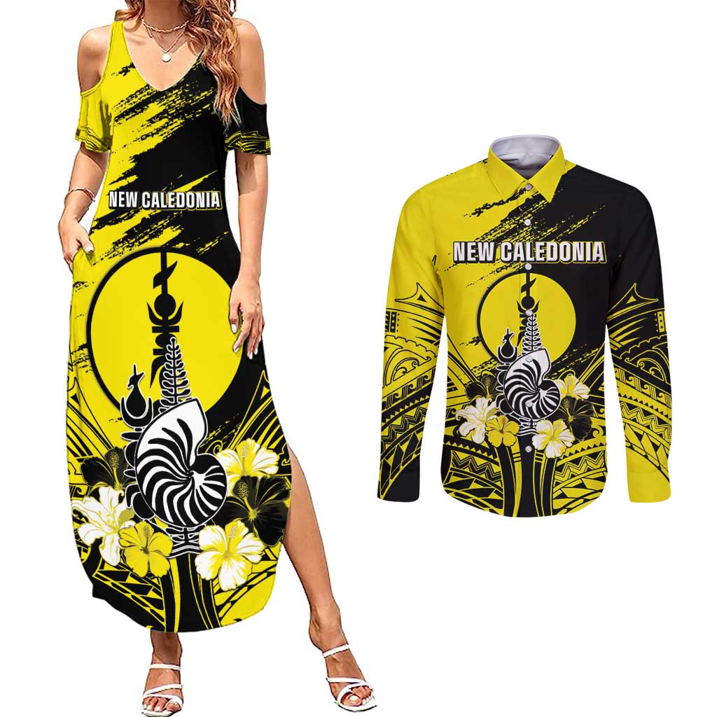 Personalised New Caledonia Day Couples Matching Summer Maxi Dress and Long Sleeve Button Shirt Kanaky Flag Coat Of Arms Polynesian Pattern