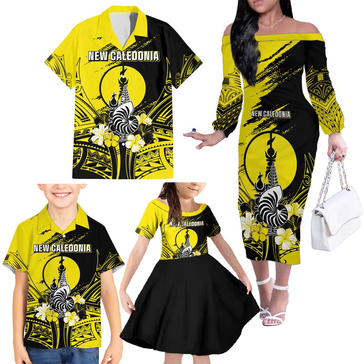 Personalised New Caledonia Day Family Matching Off The Shoulder Long Sleeve Dress and Hawaiian Shirt Kanaky Flag Coat Of Arms Polynesian Pattern