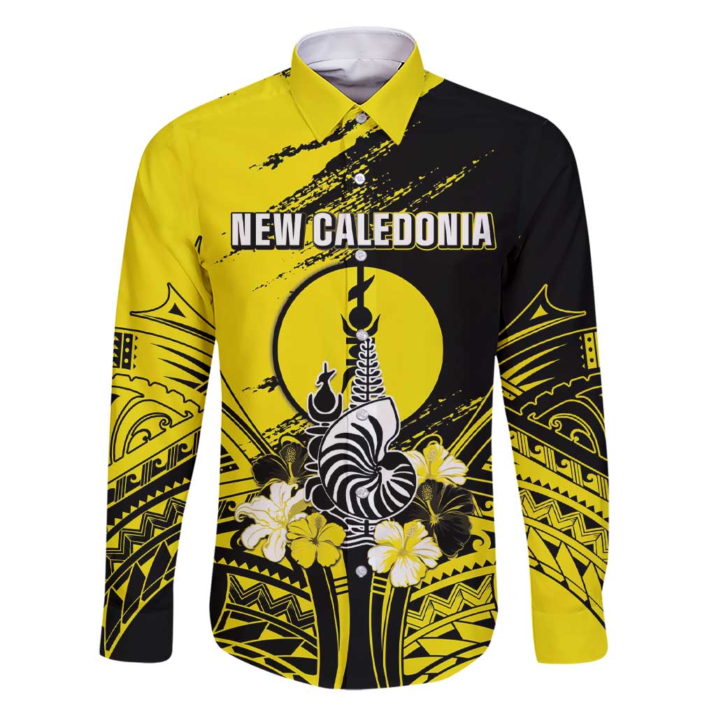 Personalised New Caledonia Day Family Matching Short Sleeve Bodycon Dress and Hawaiian Shirt Kanaky Flag Coat Of Arms Polynesian Pattern LT05 Dad's Shirt - Long Sleeve Yellow - Polynesian Pride