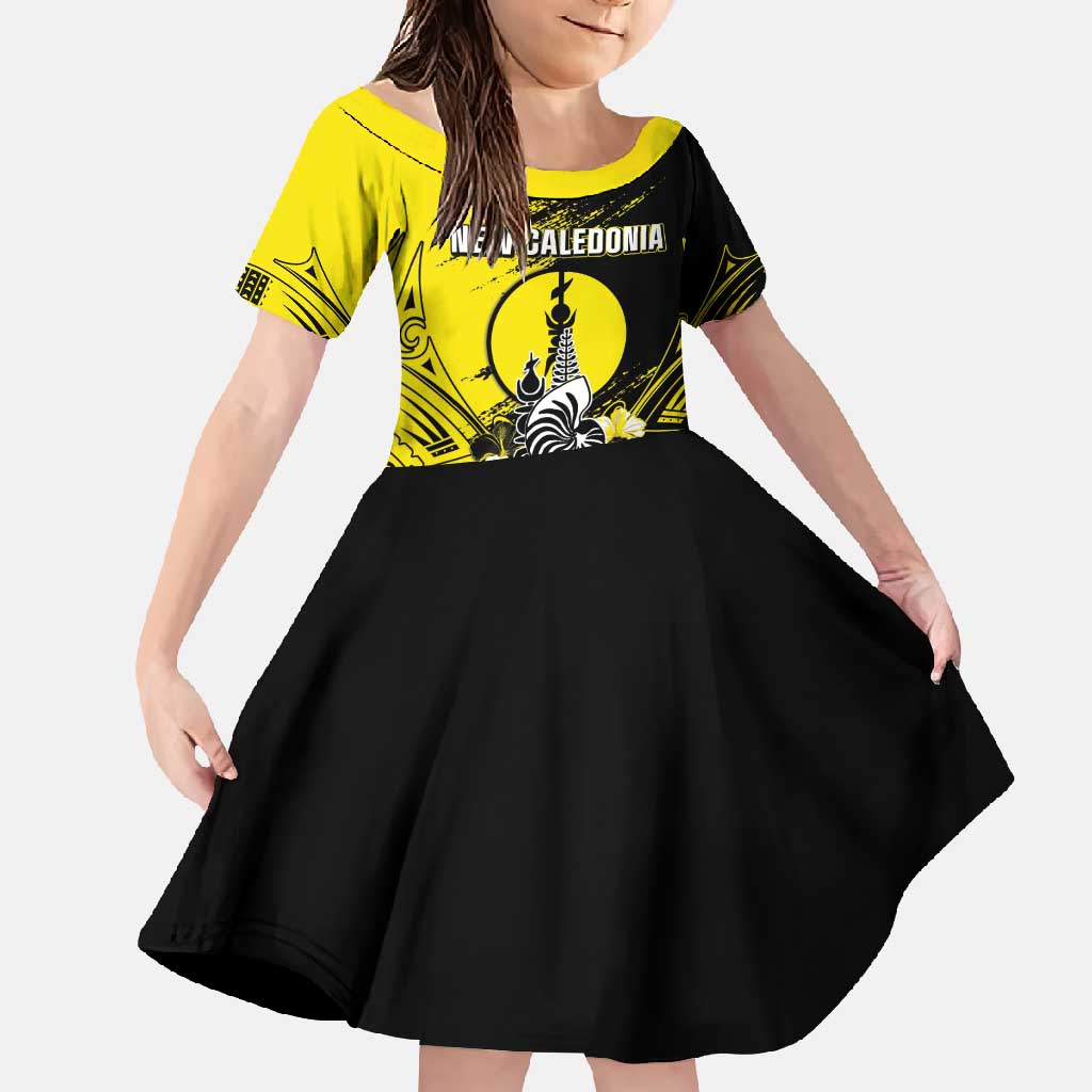 Personalised New Caledonia Day Family Matching Summer Maxi Dress and Hawaiian Shirt Kanaky Flag Coat Of Arms Polynesian Pattern LT05 Daughter's Dress Yellow - Polynesian Pride