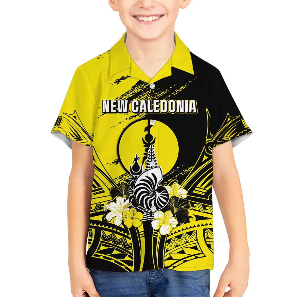 Personalised New Caledonia Day Kid Hawaiian Shirt Kanaky Flag Coat Of Arms Polynesian Pattern LT05 Kid Yellow - Polynesian Pride