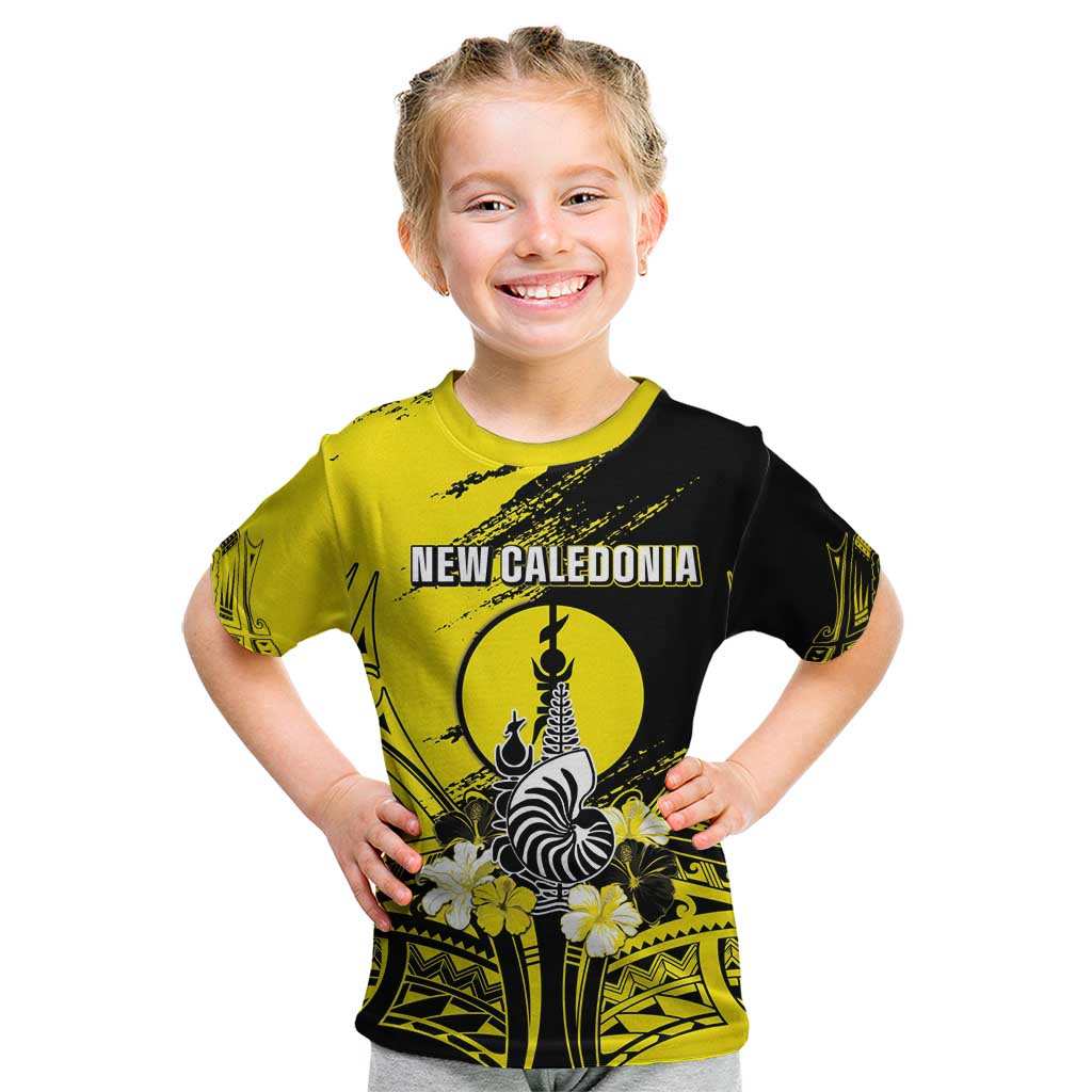 Personalised New Caledonia Day Kid T Shirt Kanaky Flag Coat Of Arms Polynesian Pattern LT05 Yellow - Polynesian Pride