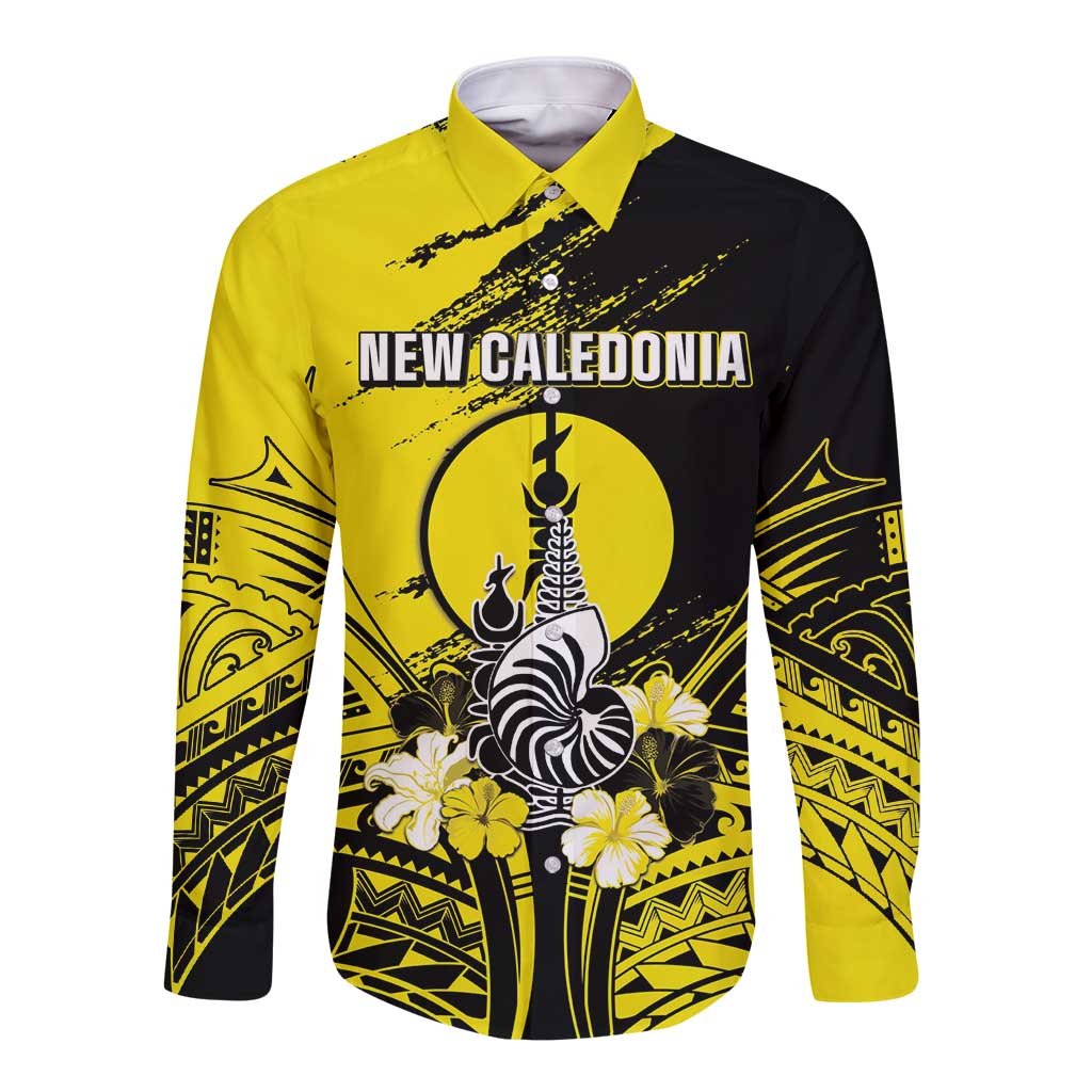 Personalised New Caledonia Day Long Sleeve Button Shirt Kanaky Flag Coat Of Arms Polynesian Pattern LT05 Unisex Yellow - Polynesian Pride