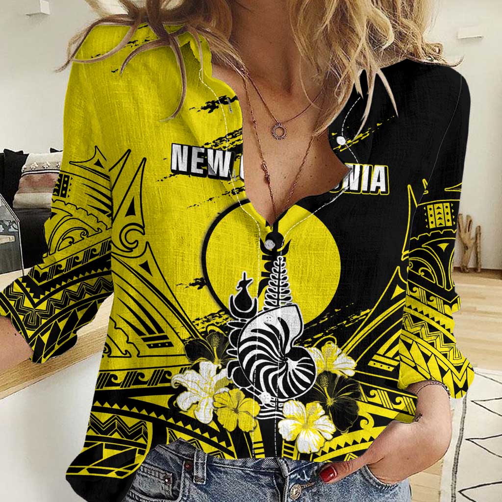 Personalised New Caledonia Day Women Casual Shirt Kanaky Flag Coat Of Arms Polynesian Pattern LT05 Female Yellow - Polynesian Pride
