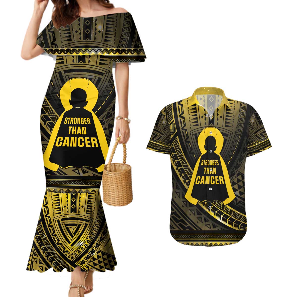 Personalised Polynesia Childhood Cancer Awareness Couples Matching Mermaid Dress and Hawaiian Shirt You Are Stronger Than Cancer