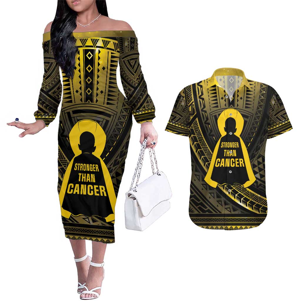 Personalised Polynesia Childhood Cancer Awareness Couples Matching Off The Shoulder Long Sleeve Dress and Hawaiian Shirt You Are Stronger Than Cancer