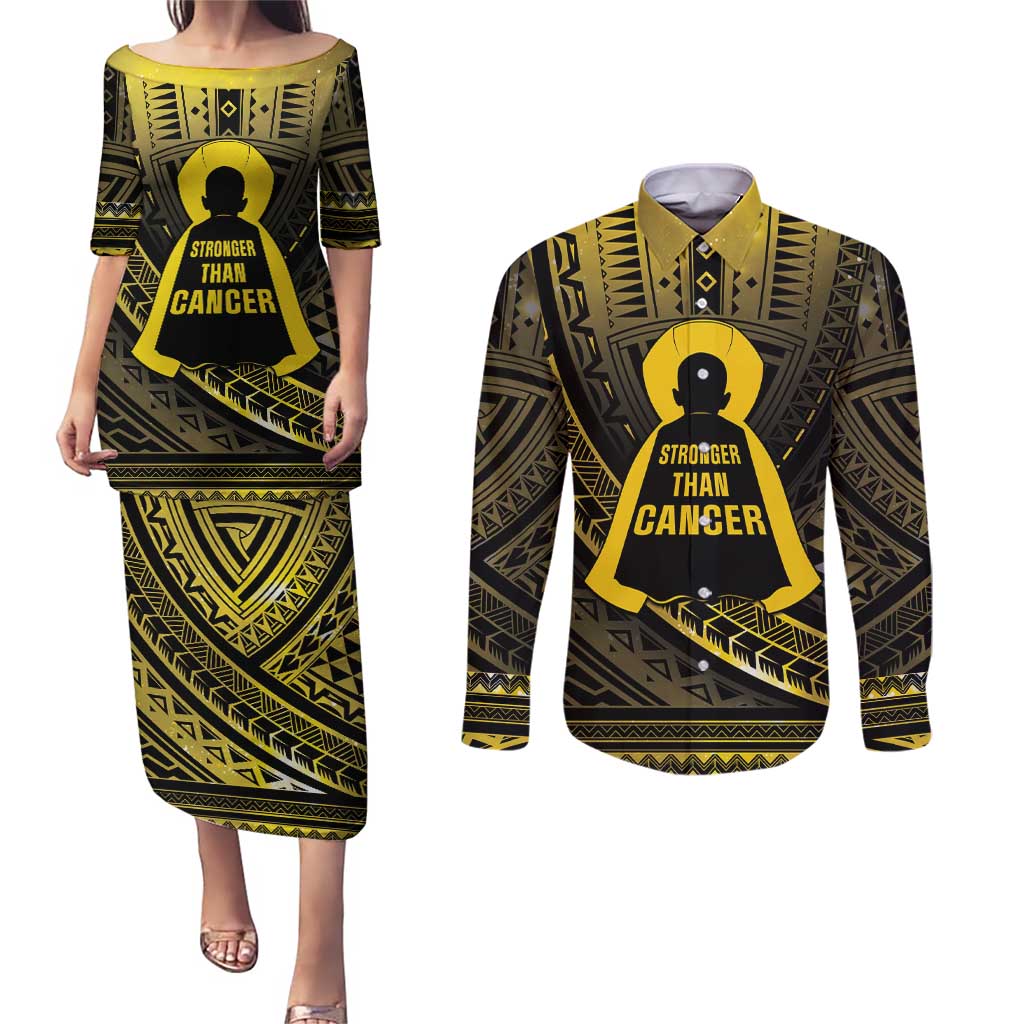 Personalised Polynesia Childhood Cancer Awareness Couples Matching Puletasi and Long Sleeve Button Shirt You Are Stronger Than Cancer