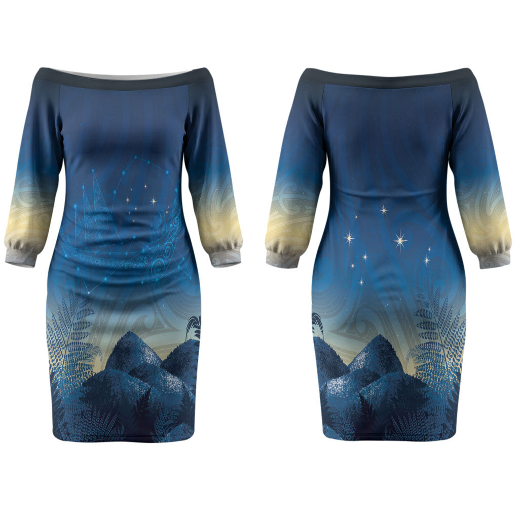 New Zealand Matariki Couples Matching Off The Shoulder Long Sleeve Dress and Long Sleeve Button Shirt Maori Waka With Silver Fern LT05 - Polynesian Pride