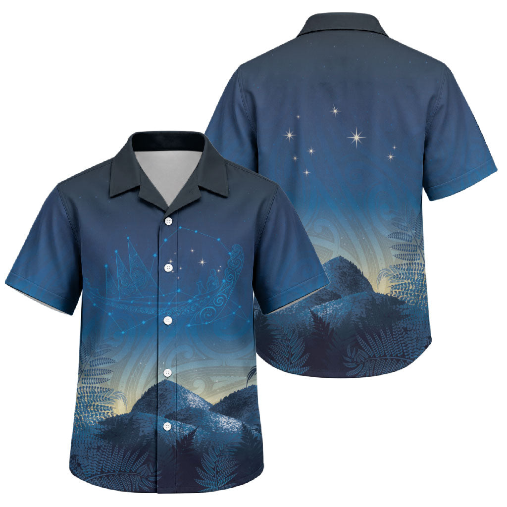New Zealand Matariki Family Matching Off The Shoulder Long Sleeve Dress and Hawaiian Shirt Maori Waka With Silver Fern LT05 Son's Shirt Navy - Polynesian Pride