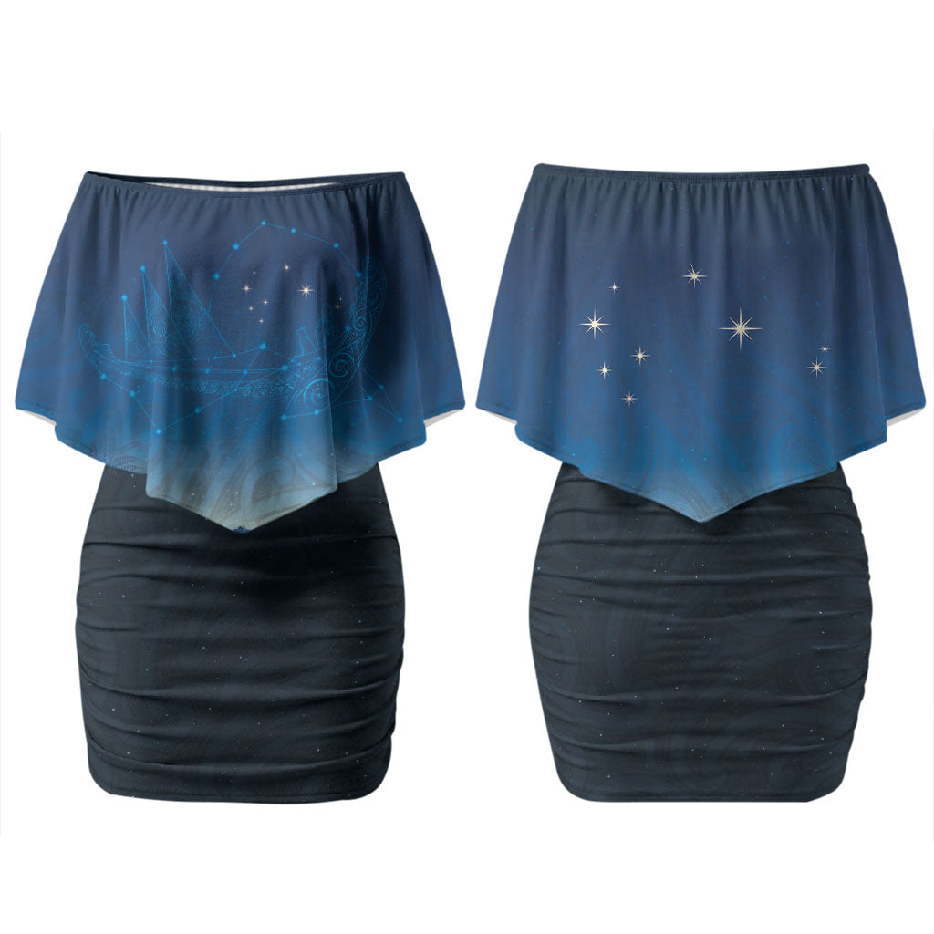 New Zealand Matariki Family Matching Off Shoulder Short Dress and Hawaiian Shirt Maori Waka With Silver Fern LT05 Mom's Dress Navy - Polynesian Pride