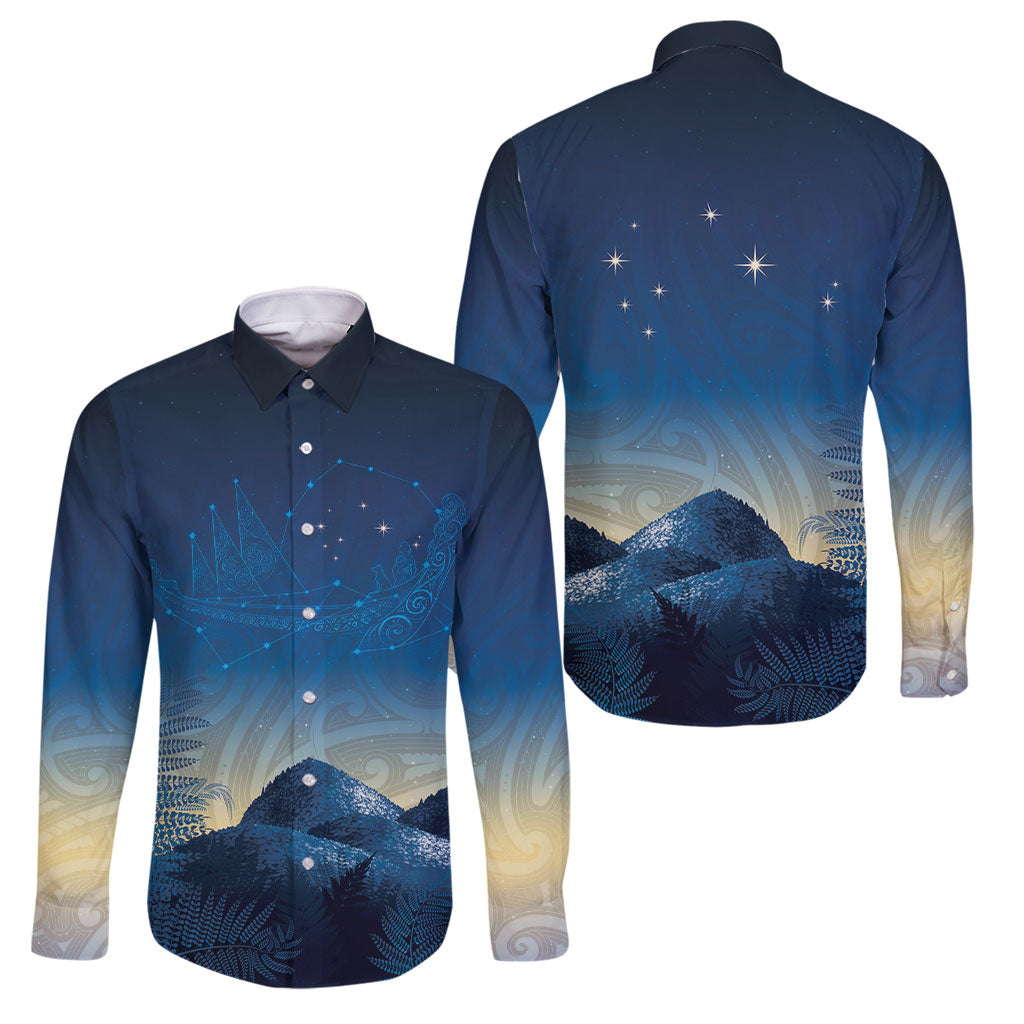 New Zealand Matariki Family Matching Summer Maxi Dress and Hawaiian Shirt Maori Waka With Silver Fern LT05 Dad's Shirt - Long Sleeve Navy - Polynesian Pride