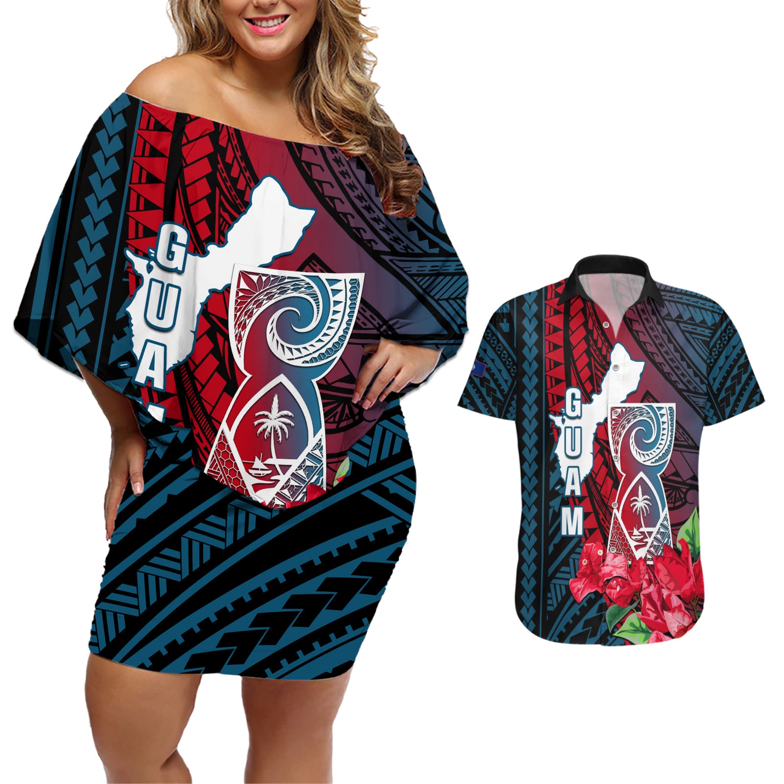 Guam Couples Matching Off Shoulder Short Dress and Hawaiian Shirt Latte Stone Mix Bougainvillea Polynesian Pattern LT05 Blue - Polynesian Pride