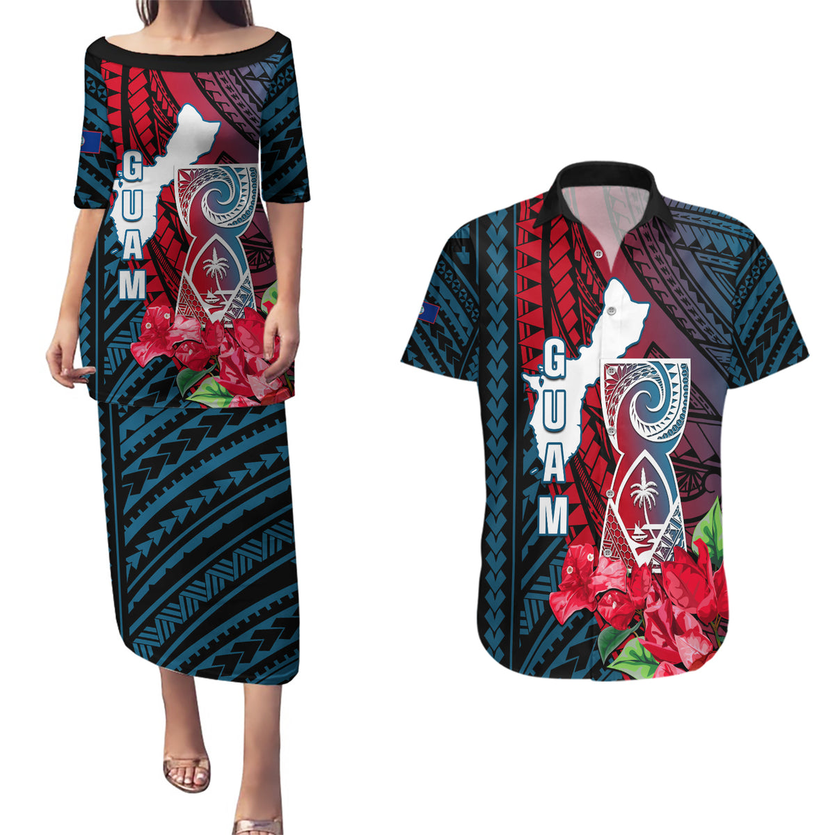 Guam Couples Matching Puletasi Dress and Hawaiian Shirt Latte Stone Mix Bougainvillea Polynesian Pattern LT05 Blue - Polynesian Pride