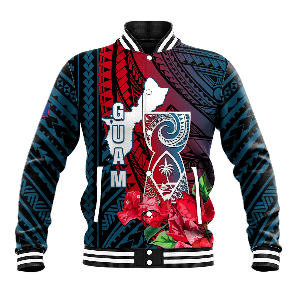 Personalized Guam Baseball Jacket Latte Stone Mix Bougainvillea Polynesian Pattern LT05 Unisex Blue - Polynesian Pride