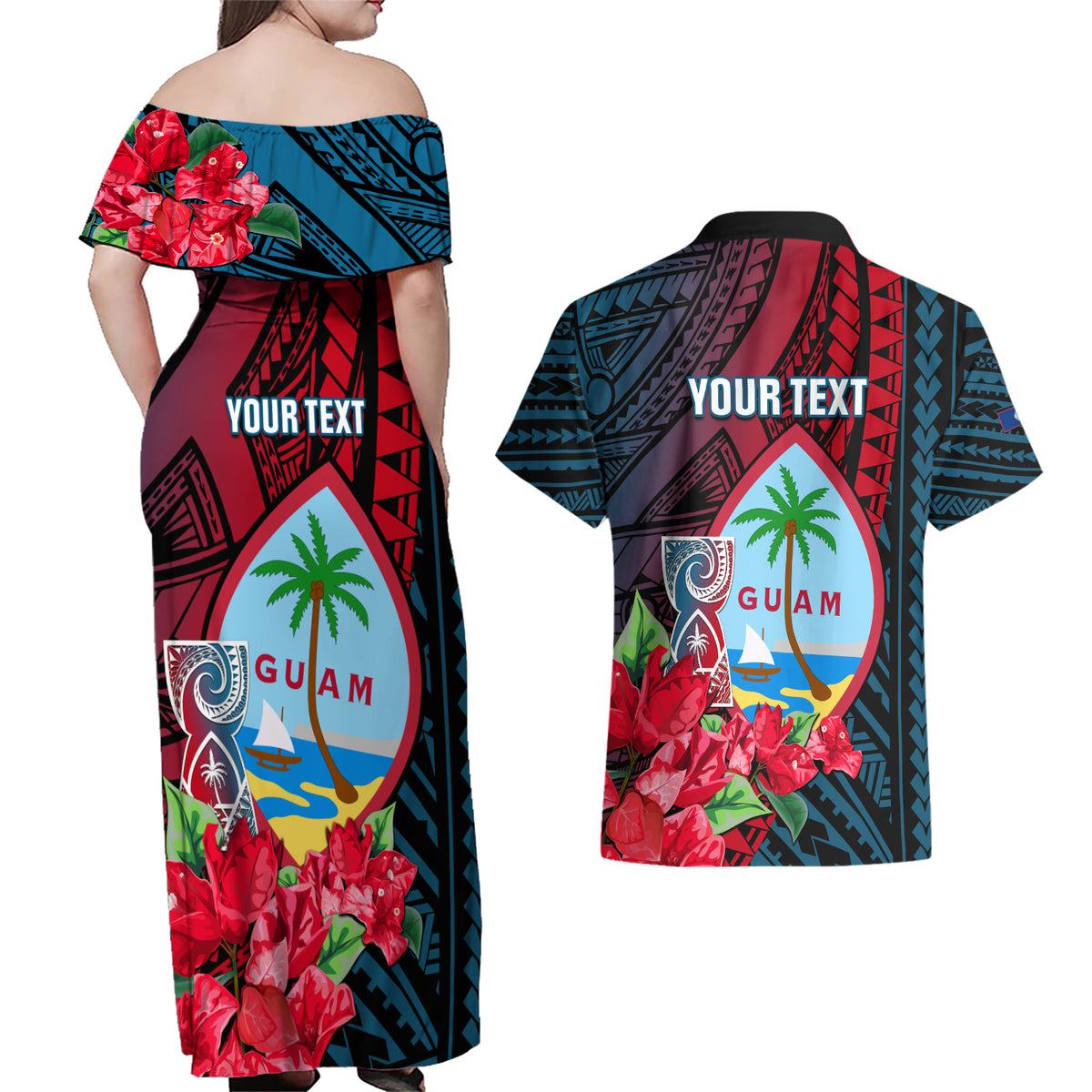 Personalized Guam Couples Matching Off Shoulder Maxi Dress and Hawaiian Shirt Latte Stone Mix Bougainvillea Polynesian Pattern LT05 - Polynesian Pride