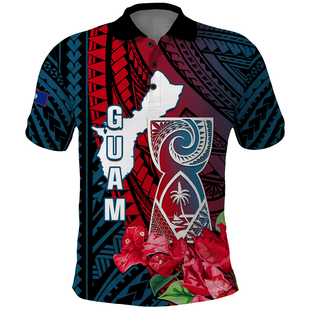 Personalized Guam Polo Shirt Latte Stone Mix Bougainvillea Polynesian Pattern LT05 Blue - Polynesian Pride