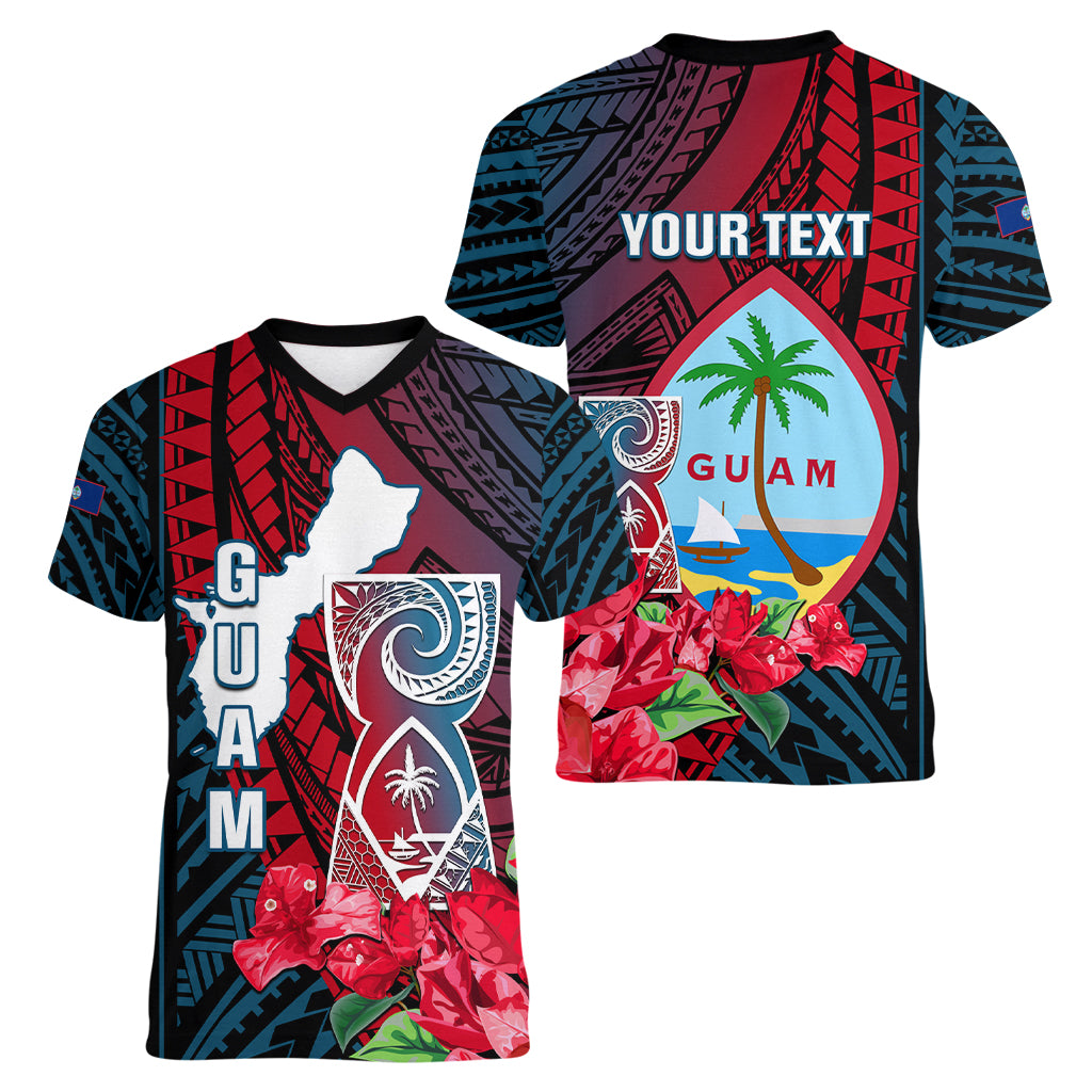 Personalized Guam Women V Neck T Shirt Latte Stone Mix Bougainvillea Polynesian Pattern LT05 - Polynesian Pride