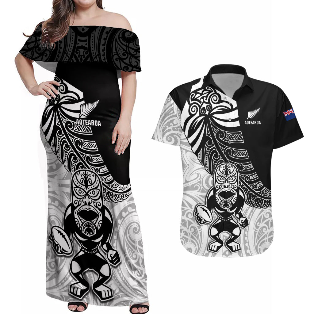 New Zealand Silver Fern Rugby Couples Matching Off Shoulder Maxi Dress and Hawaiian Shirt World Cup 2023 Go Aotearoa Maori Pattern LT05 Black - Polynesian Pride