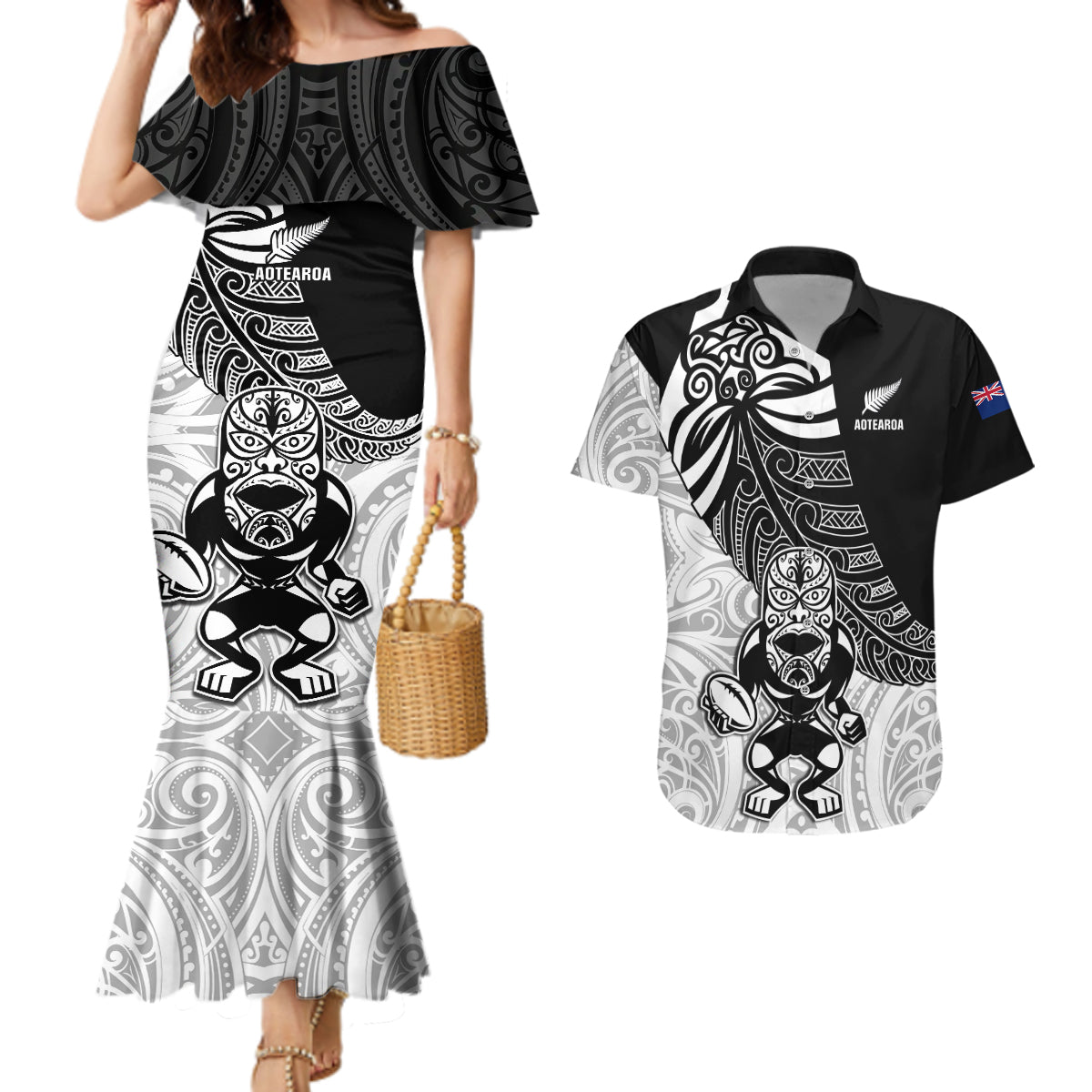 Custom New Zealand Fern Rugby Couples Matching Mermaid Dress and Hawaiian Shirt World Cup 2023 Go Aotearoa Maori Pattern LT05 Black - Polynesian Pride