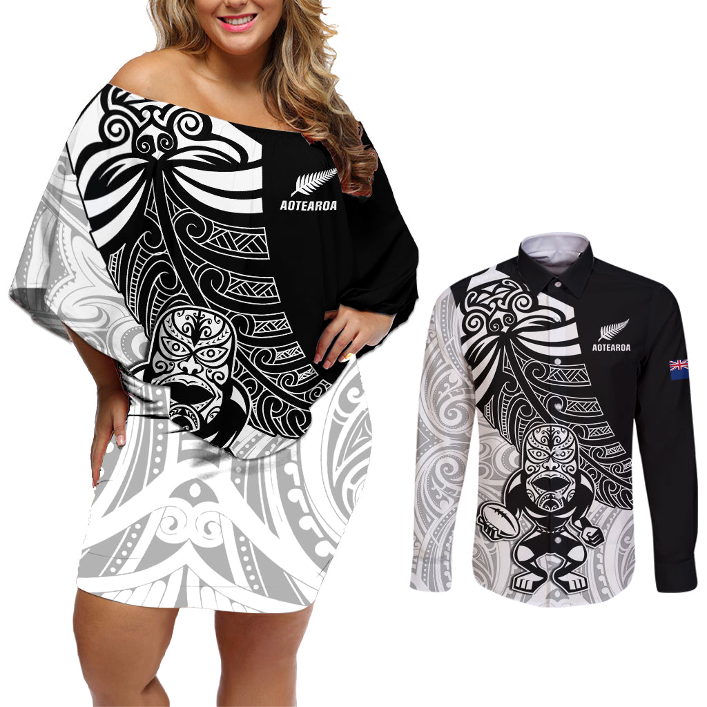 Custom New Zealand Fern Rugby Couples Matching Off Shoulder Short Dress and Long Sleeve Button Shirts World Cup 2023 Go Aotearoa Maori Pattern LT05 Black - Polynesian Pride